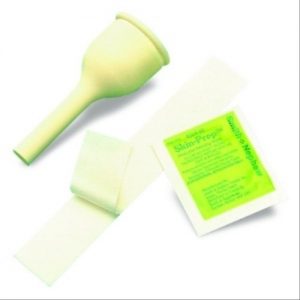 Kendall Uri-Drain External Catheter : Individual put- up: 1 catheter, 2 sided adhesive tape and a skin prep wipe Medium